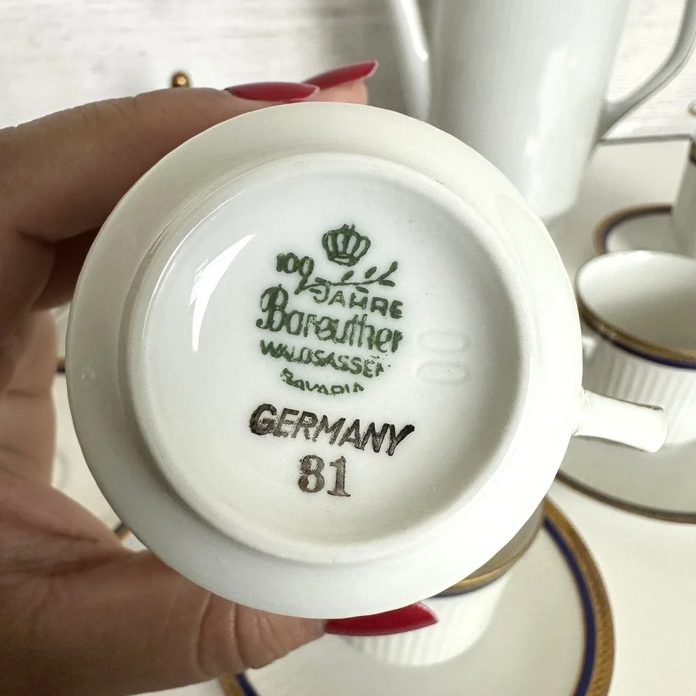 VTG Bareuther Bavaria Germany 100th Anniv. Coffee Set White Cobalt Gold 14 Piece